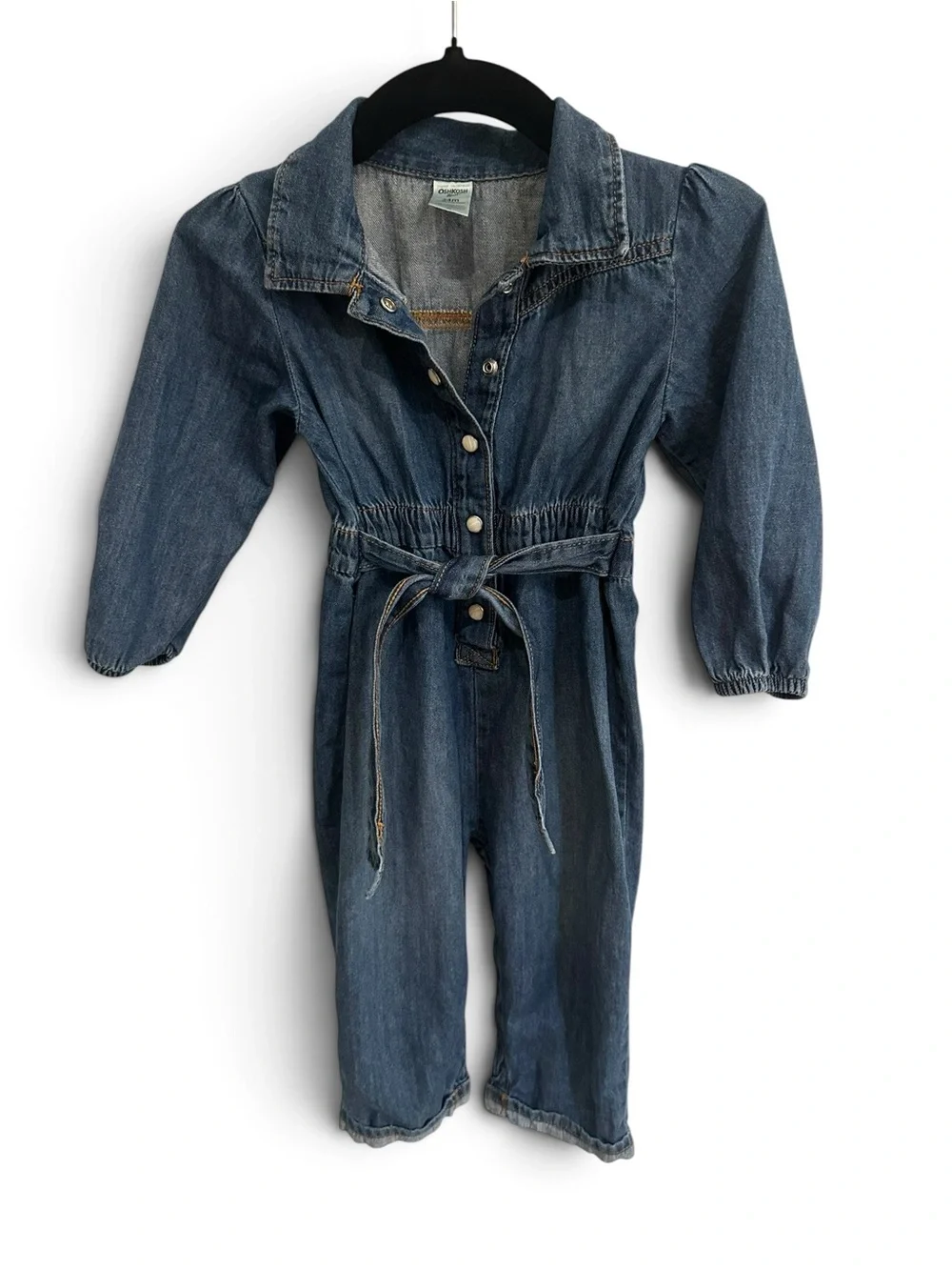 OshKosh B’gosh Girls 24M Denim Jumpsuit Coveralls Belted Snap Front Romper